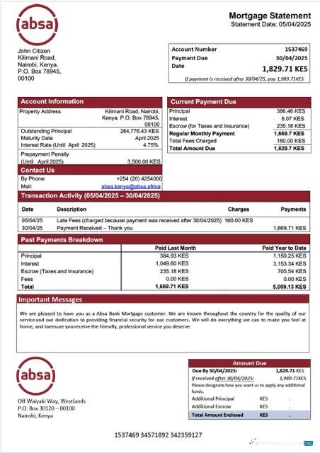 Download Kenya Absa Bank mortgage statement Word and PDF template Photoshop template